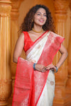 Virasat ~ Banarasi Pure Silk Handloom Saree in White Red (With Silk Mark) - verymuchindian.com