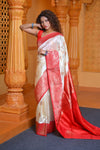 Virasat ~ Banarasi Pure Silk Handloom Saree in White Red (With Silk Mark) - verymuchindian.com