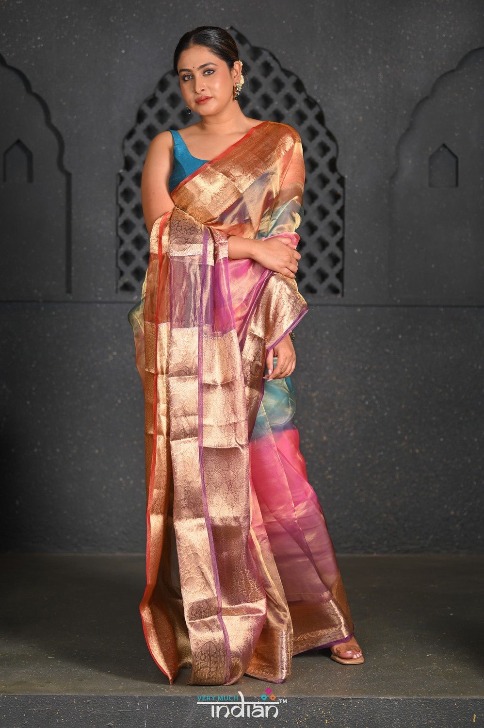 Virasat ~ Exclusive! Handloom Pure Banarasi Tissue Silk Saree ~ Multicolor - verymuchindian.com