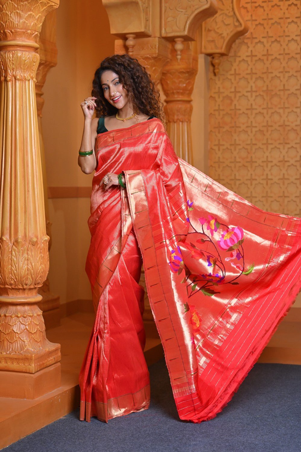 Virasat - Exclusive Handloom Pure Silk Muniya Border Paithani With Tissue Lines and Grand Lotus Pallu ~ Red - verymuchindian.com