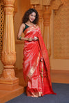 Virasat - Exclusive Handloom Pure Silk Muniya Border Paithani With Tissue Lines and Grand Lotus Pallu ~ Red - verymuchindian.com