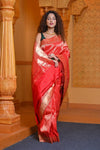 Virasat - Exclusive Handloom Pure Silk Muniya Border Paithani With Tissue Lines and Grand Lotus Pallu ~ Red - verymuchindian.com