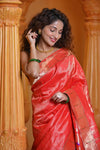 Virasat - Exclusive Handloom Pure Silk Muniya Border Paithani With Tissue Lines and Grand Lotus Pallu ~ Red - verymuchindian.com