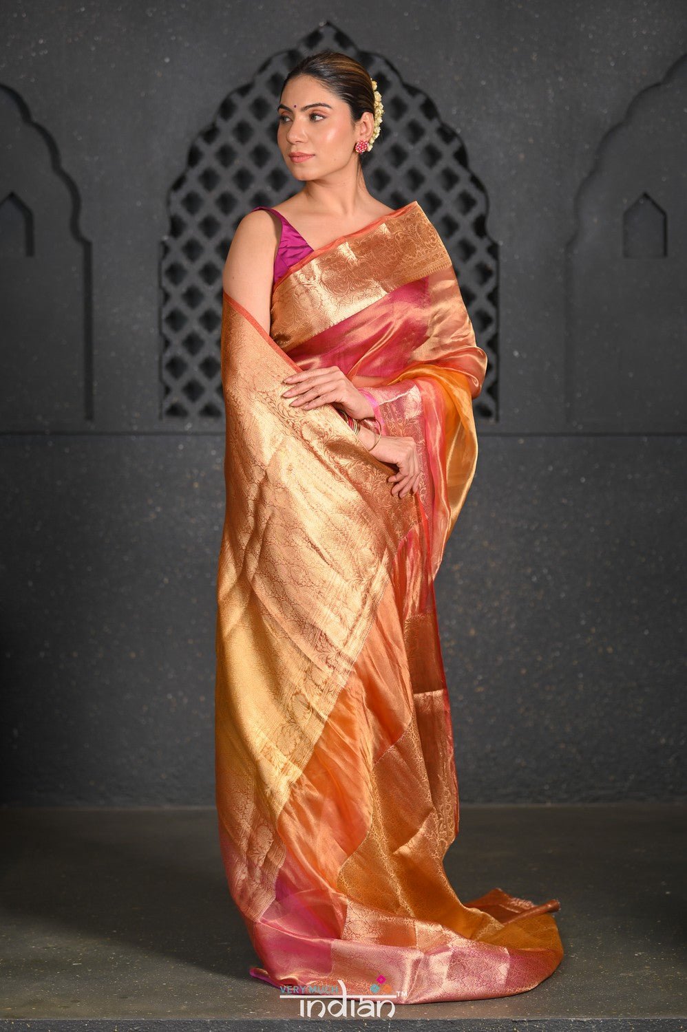Virasat ~ Exclusive! Handloom Pure Tissue Banarasi Silk Saree ~ Multicolor Yellow - verymuchindian.com