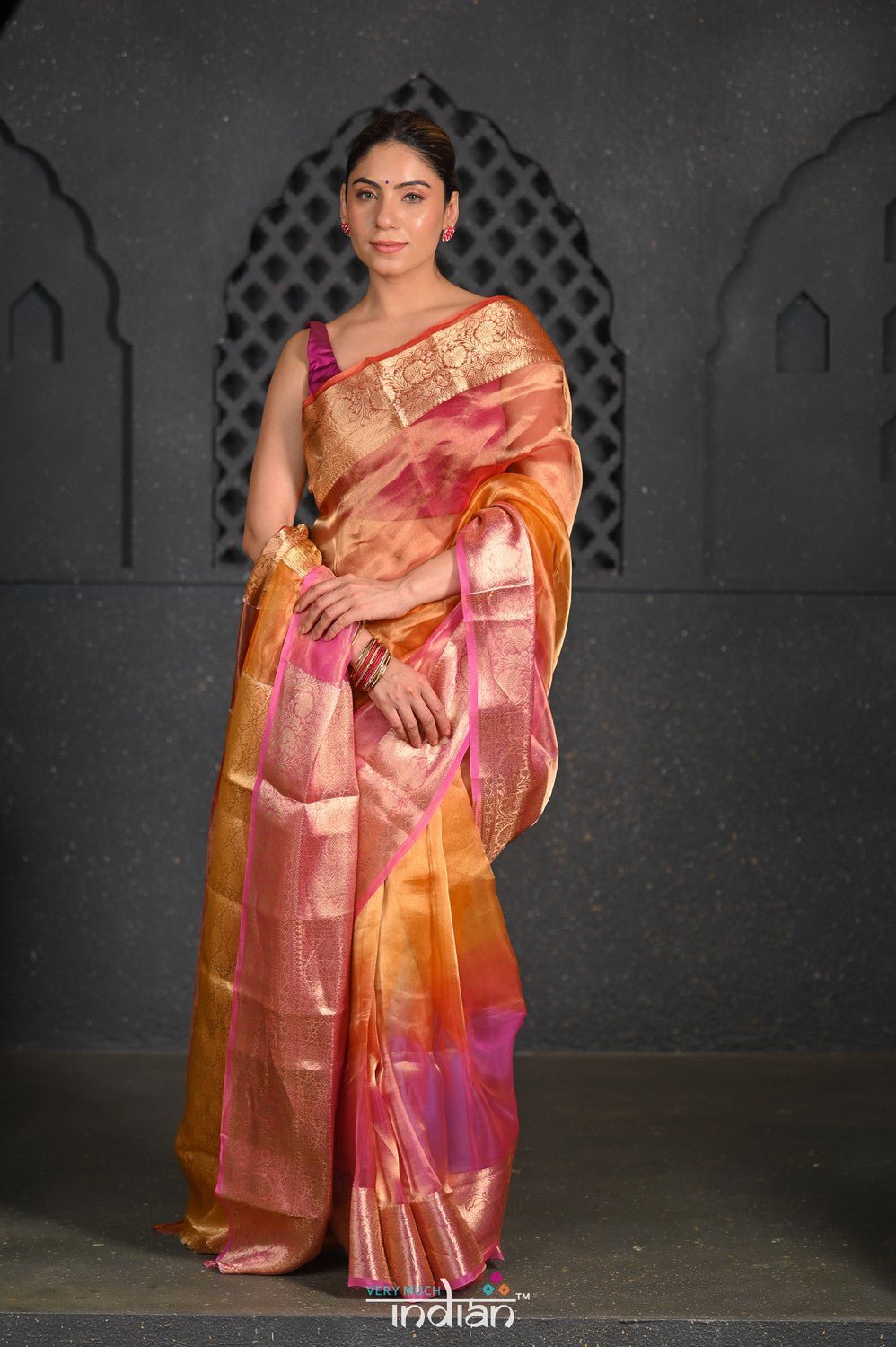 Virasat ~ Exclusive! Handloom Pure Tissue Banarasi Silk Saree ~ Multicolor Yellow - verymuchindian.com