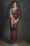 Virasat ~ Exclusive! Handloom Pure Tissue Dupion Silk Saree ~ Brown Blue - verymuchindian.com