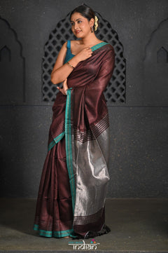 Virasat ~ Exclusive! Handloom Pure Tissue Dupion Silk Saree ~ Brown Blue - verymuchindian.com