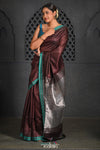 Virasat ~ Exclusive! Handloom Pure Tissue Dupion Silk Saree ~ Brown Blue - verymuchindian.com