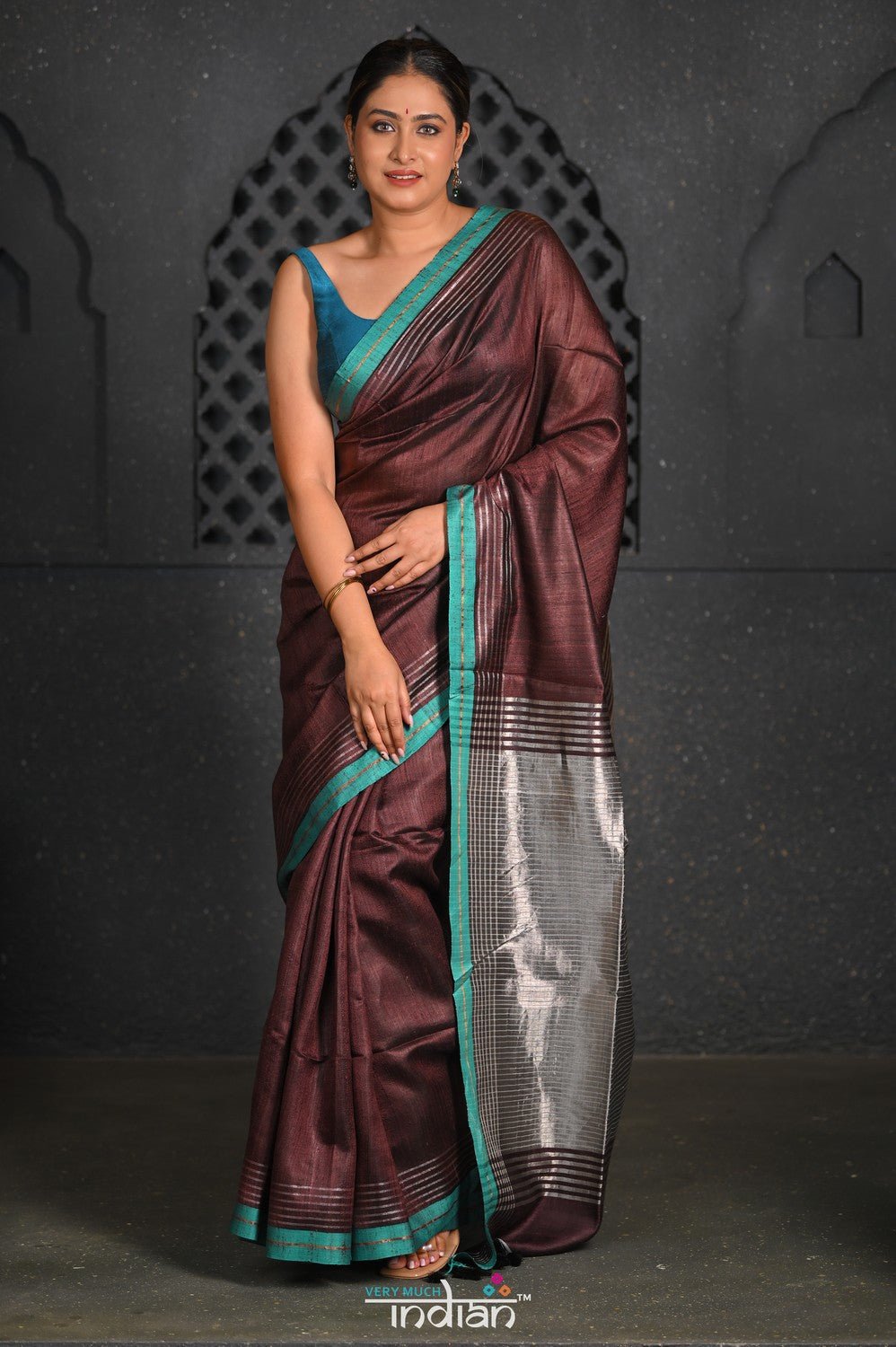 Virasat ~ Exclusive! Handloom Pure Tissue Dupion Silk Saree ~ Brown Blue - verymuchindian.com