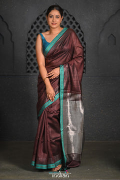 Virasat ~ Exclusive! Handloom Pure Tissue Dupion Silk Saree ~ Brown Blue - verymuchindian.com