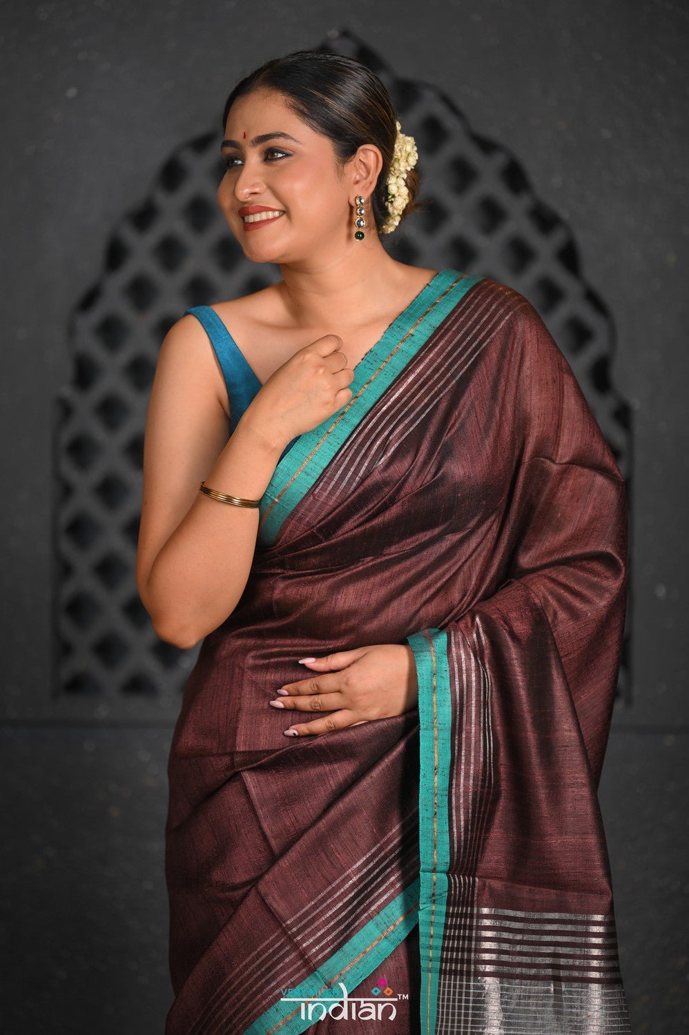 Virasat ~ Exclusive! Handloom Pure Tissue Dupion Silk Saree ~ Brown Blue - verymuchindian.com