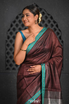 Virasat ~ Exclusive! Handloom Pure Tissue Dupion Silk Saree ~ Brown Blue - verymuchindian.com