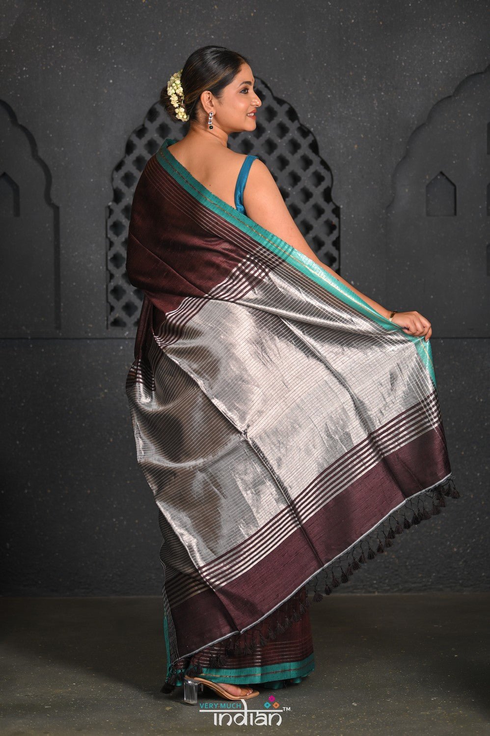 Virasat ~ Exclusive! Handloom Pure Tissue Dupion Silk Saree ~ Brown Blue - verymuchindian.com
