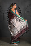 Virasat ~ Exclusive! Handloom Pure Tissue Dupion Silk Saree ~ Brown Blue - verymuchindian.com