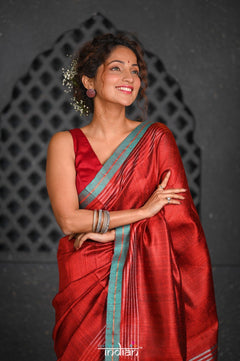 Virasat ~ Exclusive! Handloom Pure Tissue Dupion Silk Saree ~ Delight Red Blue - verymuchindian.com