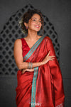 Virasat ~ Exclusive! Handloom Pure Tissue Dupion Silk Saree ~ Delight Red Blue - verymuchindian.com
