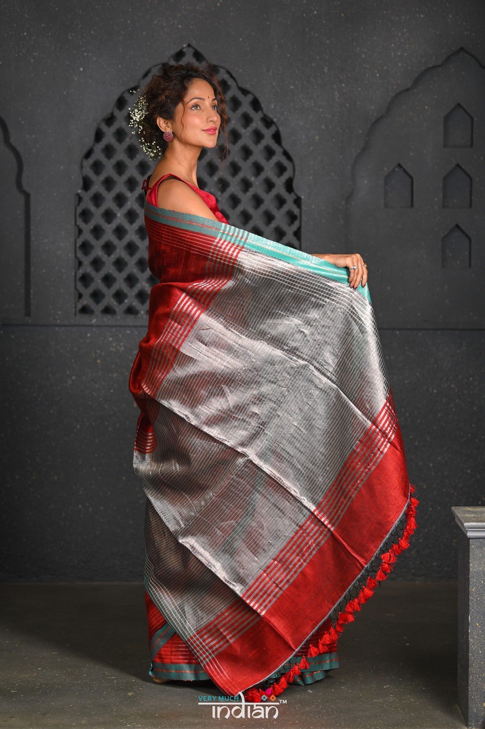 Virasat ~ Exclusive! Handloom Pure Tissue Dupion Silk Saree ~ Delight Red Blue - verymuchindian.com