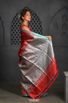 Virasat ~ Exclusive! Handloom Pure Tissue Dupion Silk Saree ~ Delight Red Blue - verymuchindian.com