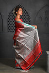 Virasat ~ Exclusive! Handloom Pure Tissue Dupion Silk Saree ~ Delight Red Blue - verymuchindian.com