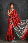 Virasat ~ Exclusive! Handloom Pure Tissue Dupion Silk Saree ~ Delight Red Blue - verymuchindian.com