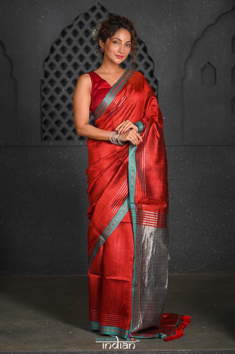 Virasat ~ Exclusive! Handloom Pure Tissue Dupion Silk Saree ~ Delight Red Blue - verymuchindian.com