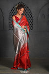 Virasat ~ Exclusive! Handloom Pure Tissue Dupion Silk Saree ~ Delight Red Blue - verymuchindian.com