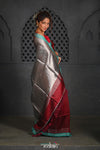 Virasat ~ Exclusive! Handloom Pure Tissue Dupion Silk Saree ~ Maroon Silver - verymuchindian.com