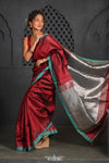 Virasat ~ Exclusive! Handloom Pure Tissue Dupion Silk Saree ~ Maroon Silver - verymuchindian.com
