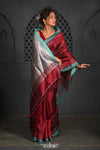 Virasat ~ Exclusive! Handloom Pure Tissue Dupion Silk Saree ~ Maroon Silver - verymuchindian.com