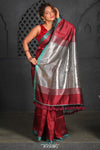 Virasat ~ Exclusive! Handloom Pure Tissue Dupion Silk Saree ~ Maroon Silver - verymuchindian.com
