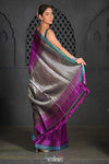 Virasat ~ Exclusive! Handloom Pure Tissue Dupion Silk Saree ~ Purple Blue - verymuchindian.com