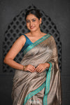 Virasat ~ Exclusive! Handloom Pure Tissue Dupion Silk Saree ~ Silver Blue - verymuchindian.com