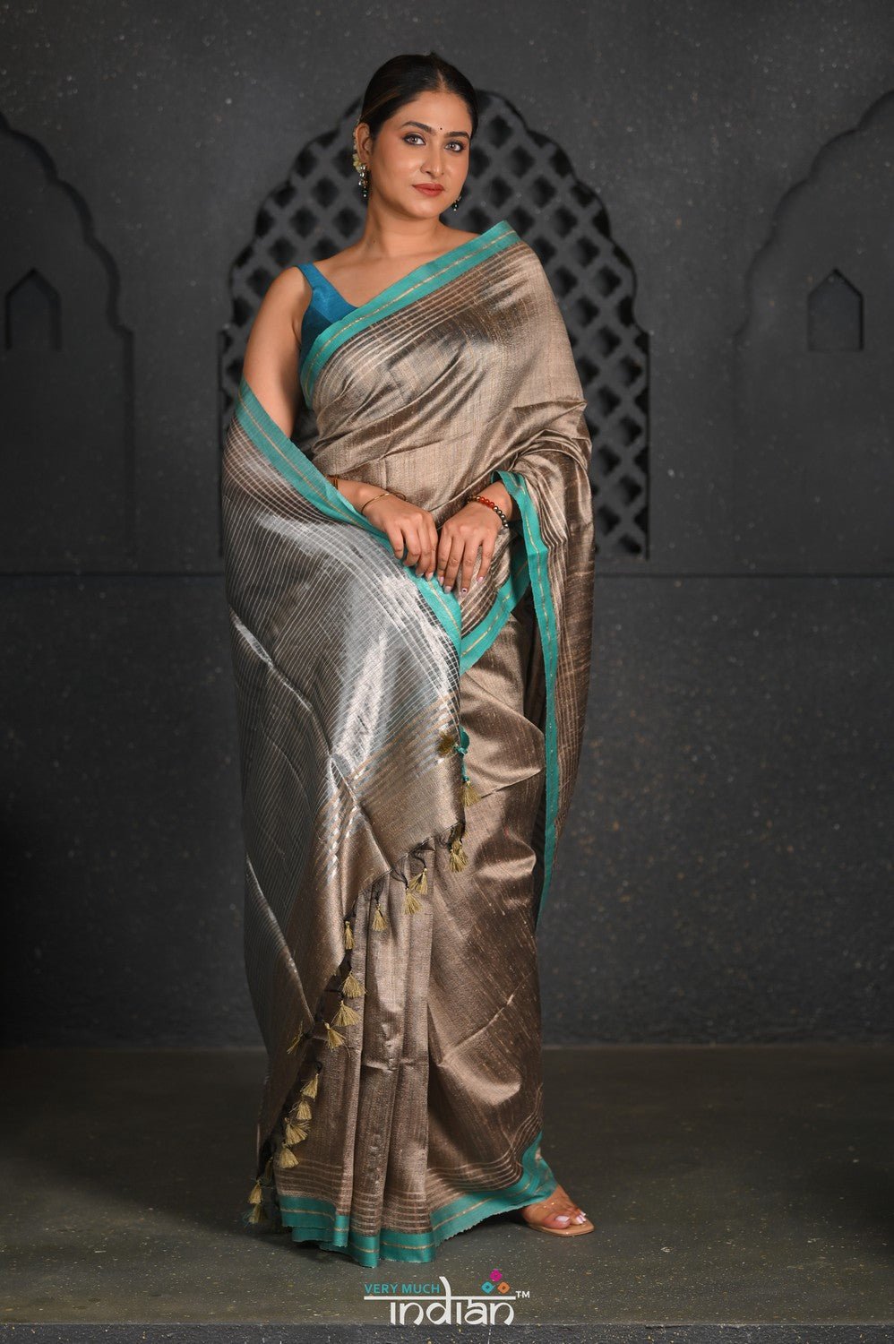 Virasat ~ Exclusive! Handloom Pure Tissue Dupion Silk Saree ~ Silver Blue - verymuchindian.com