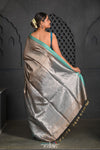 Virasat ~ Exclusive! Handloom Pure Tissue Dupion Silk Saree ~ Silver Blue - verymuchindian.com