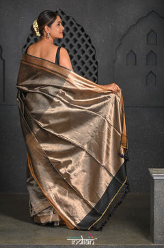 Virasat ~ Exclusive! Handloom Pure Tissue Silk Saree ~ Black Silver - verymuchindian.com