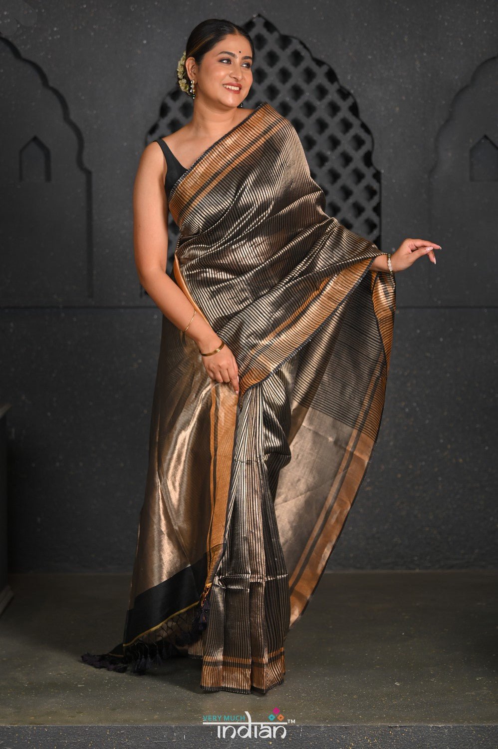 Virasat ~ Exclusive! Handloom Pure Tissue Silk Saree ~ Black Silver - verymuchindian.com