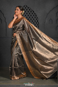 Virasat ~ Exclusive! Handloom Pure Tissue Silk Saree ~ Black Silver - verymuchindian.com