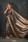 Virasat ~ Exclusive! Handloom Pure Tissue Silk Saree ~ Black Silver - verymuchindian.com
