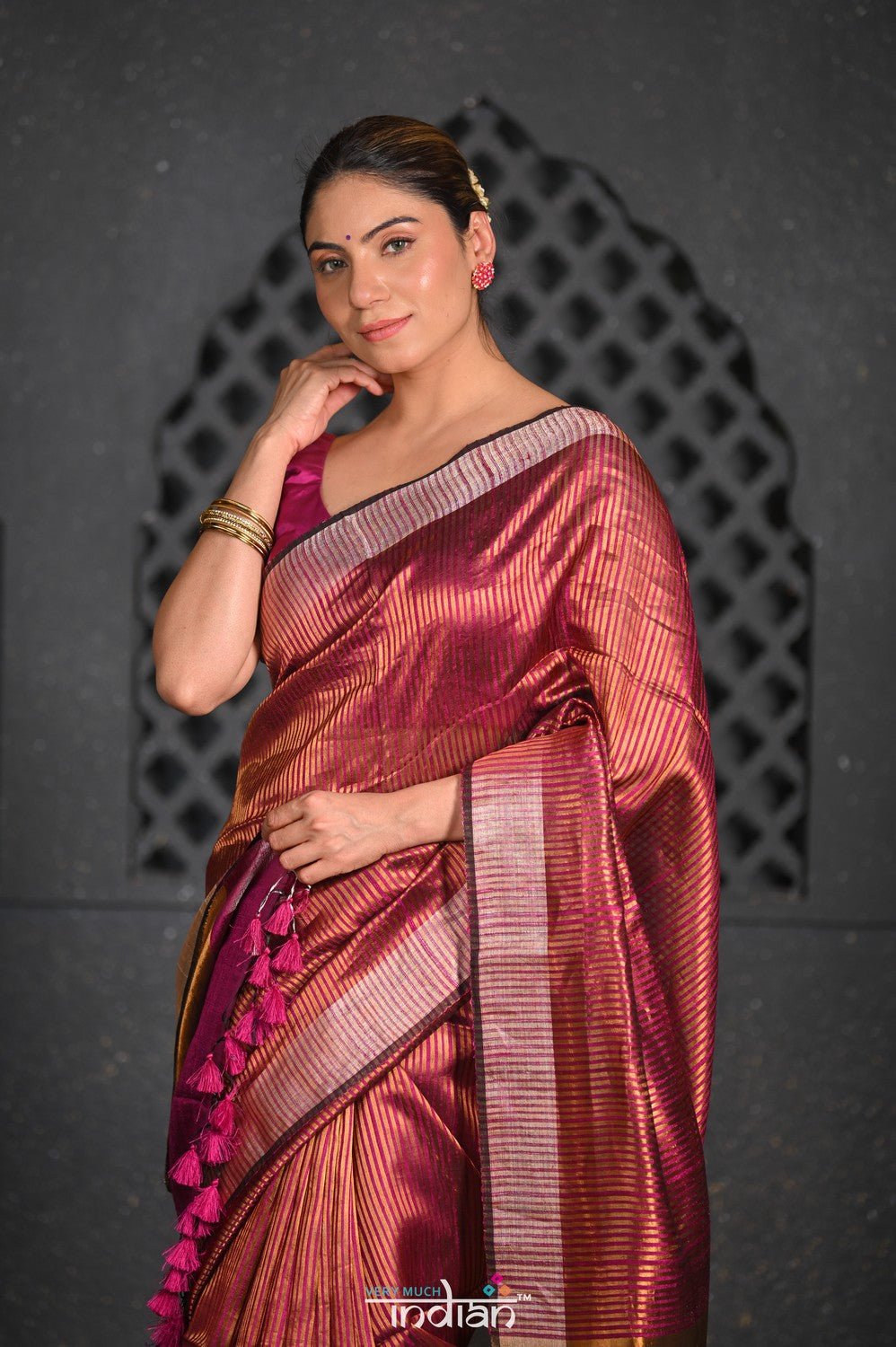 Virasat ~ Exclusive! Handloom Pure Tissue Silk Saree ~ Brown with Golden Pallu - verymuchindian.com