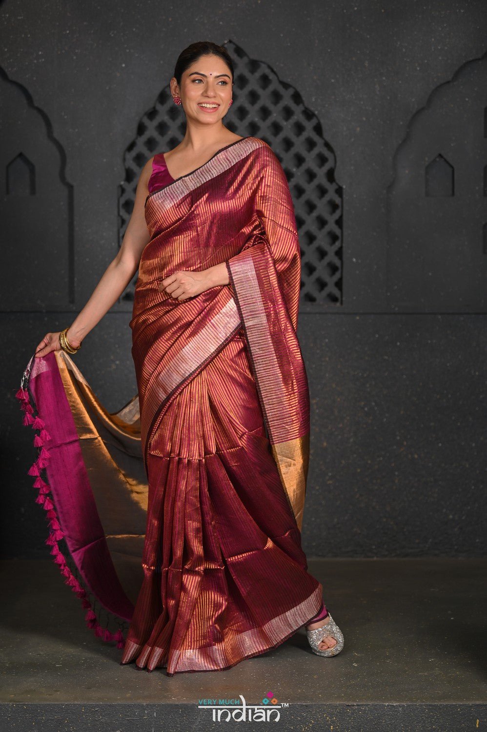 Virasat ~ Exclusive! Handloom Pure Tissue Silk Saree ~ Brown with Golden Pallu - verymuchindian.com
