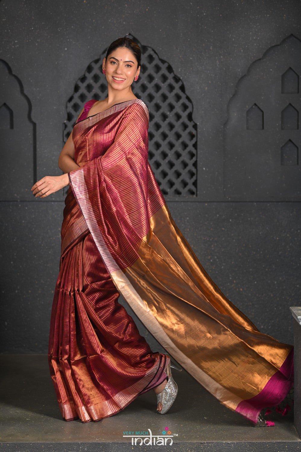 Virasat ~ Exclusive! Handloom Pure Tissue Silk Saree ~ Brown with Golden Pallu - verymuchindian.com