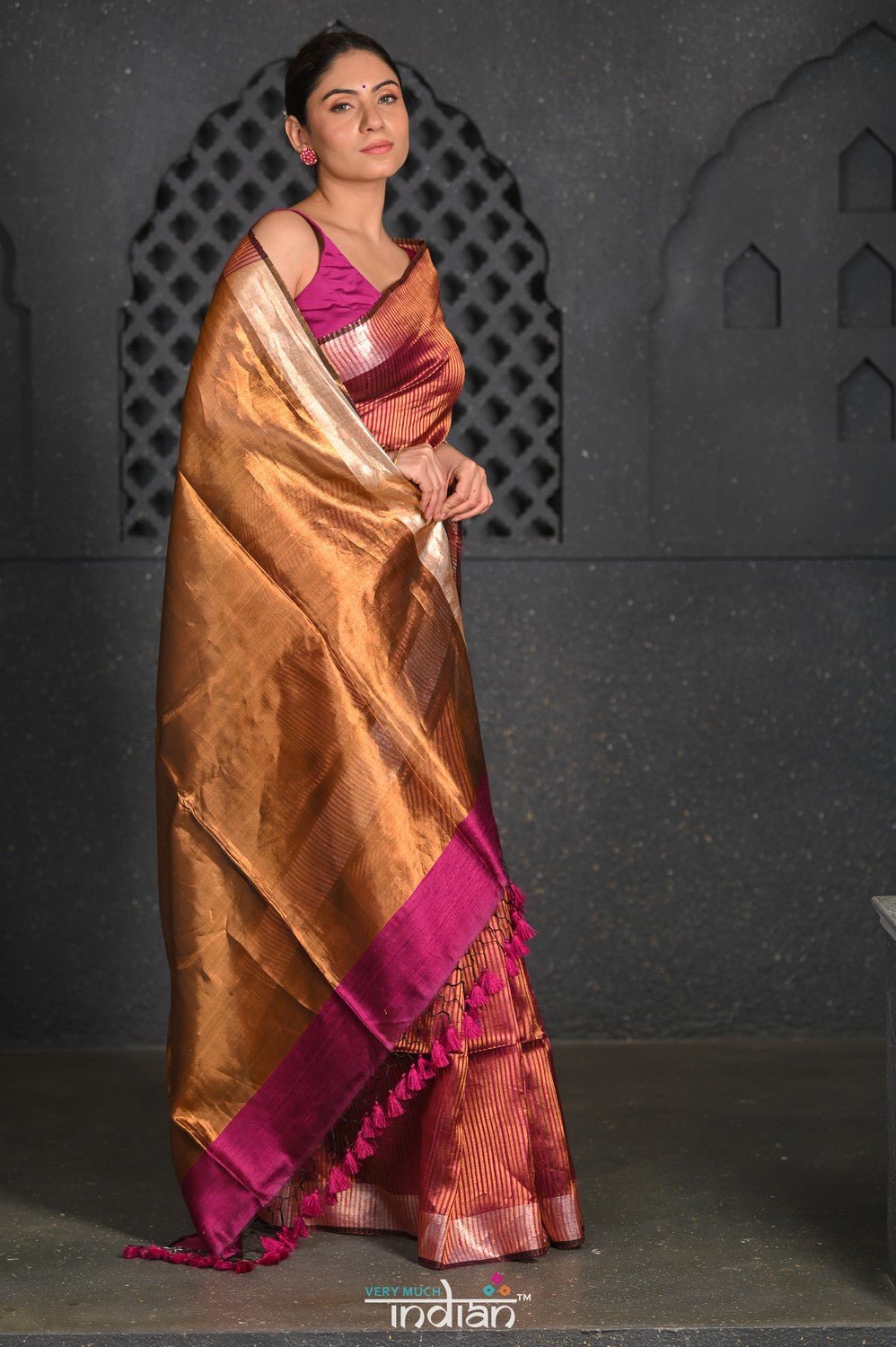 Virasat ~ Exclusive! Handloom Pure Tissue Silk Saree ~ Brown with Golden Pallu - verymuchindian.com