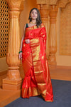 Virasat ~ Gadwal Pure Silk Handloom Saree in Delight Red (With Silk Mark) - verymuchindian.com