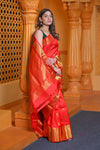 Virasat ~ Gadwal Pure Silk Handloom Saree in Delight Red (With Silk Mark) - verymuchindian.com