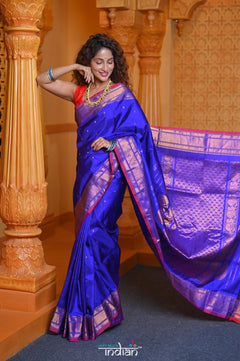 Virasat ~ Gadwal Pure Silk Handloom Saree in Royal Blue - verymuchindian.com