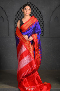Virasat ~ Handloom Ilkal Pure Silk with Silk Mark in Beautiful Contrast Pallu ~ Dark Blue Red - verymuchindian.com