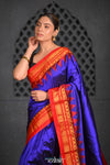 Virasat ~ Handloom Ilkal Pure Silk with Silk Mark in Beautiful Contrast Pallu ~ Dark Blue Red - verymuchindian.com