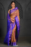 Virasat ~ Handloom Ilkal Pure Silk with Silk Mark in Beautiful Contrast Pallu ~ Gold Checks Purple - verymuchindian.com