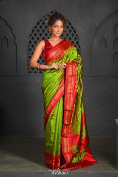 Virasat ~ Handloom Ilkal Pure Silk with Silk Mark in Beautiful Contrast Pallu ~ Green Red - verymuchindian.com