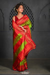 Virasat ~ Handloom Ilkal Pure Silk with Silk Mark in Beautiful Contrast Pallu ~ Green Red - verymuchindian.com